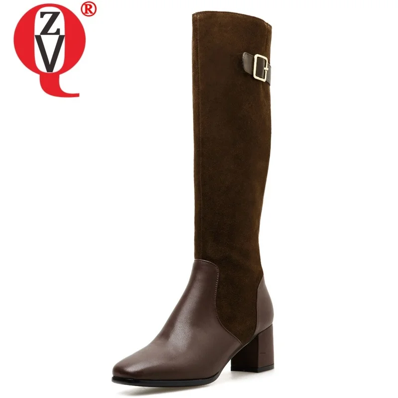 

ZVQ 2019 winter new concise knee high boots outside high heels square toe square toe genuine leather women shoes drop shipping