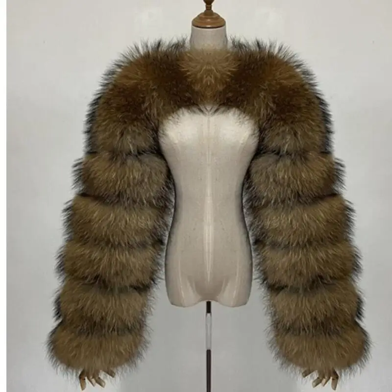 Women's Super short faux fur jacket real raccoon silver red fashion natural two sleeves