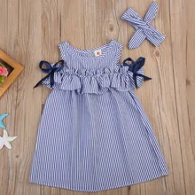 Лидер продаж года; новое летнее платье Милая одежда для дня рождения для маленьких девочек вечерние платья в синюю полоску с открытыми плечами и оборками