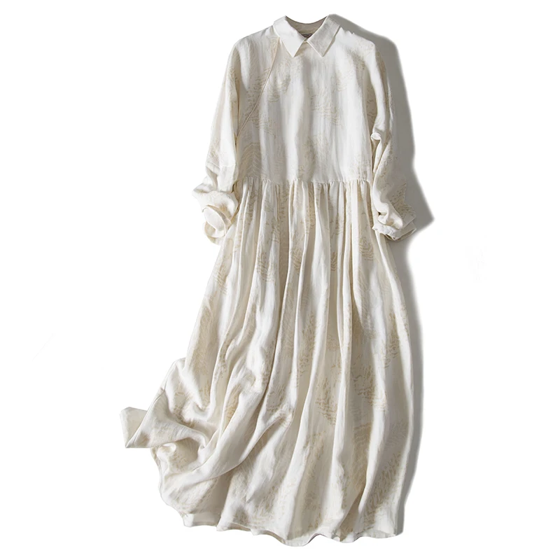 

Chinese Style Silk Blend Dress Elegant A-Line Print Mid-Calf Draped Peter Pan Collar 2020 New Spring Casual Dress for Work