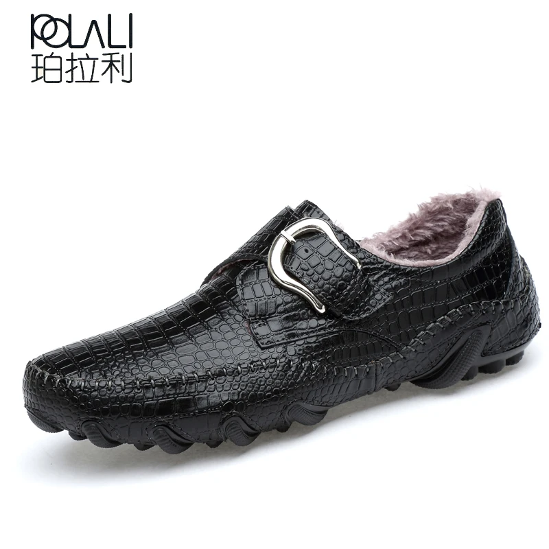 POLALI 2017 Autumn Winter Fur Men Shoes Casual Male Adult Genuine Leather Brand Walking Driver Quality Footwear Man