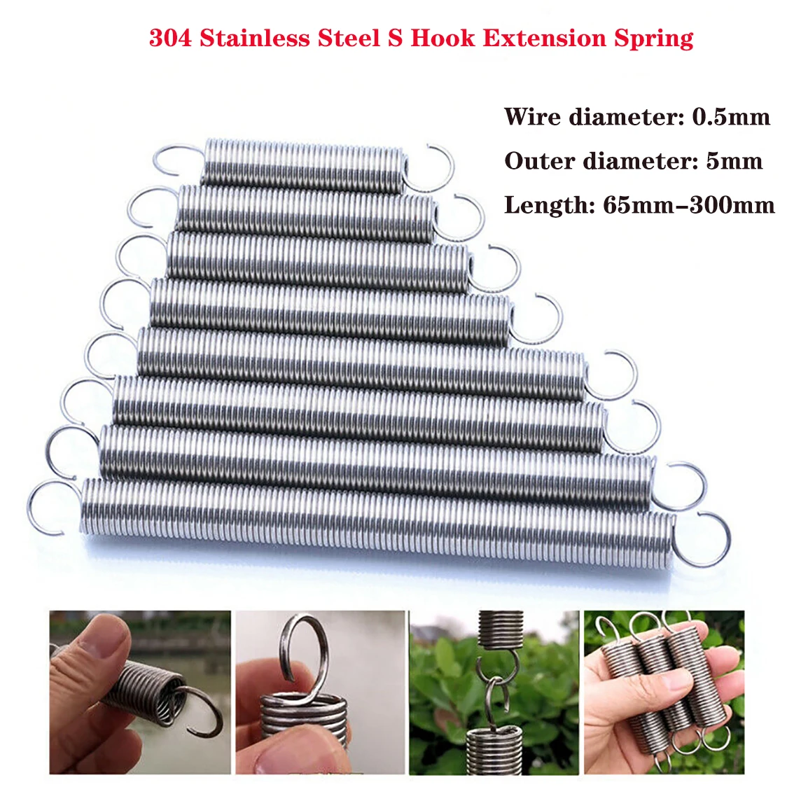 S Hook Extension Spring Wire Dia 0.5mm 304 Stainless Steel Cylindroid