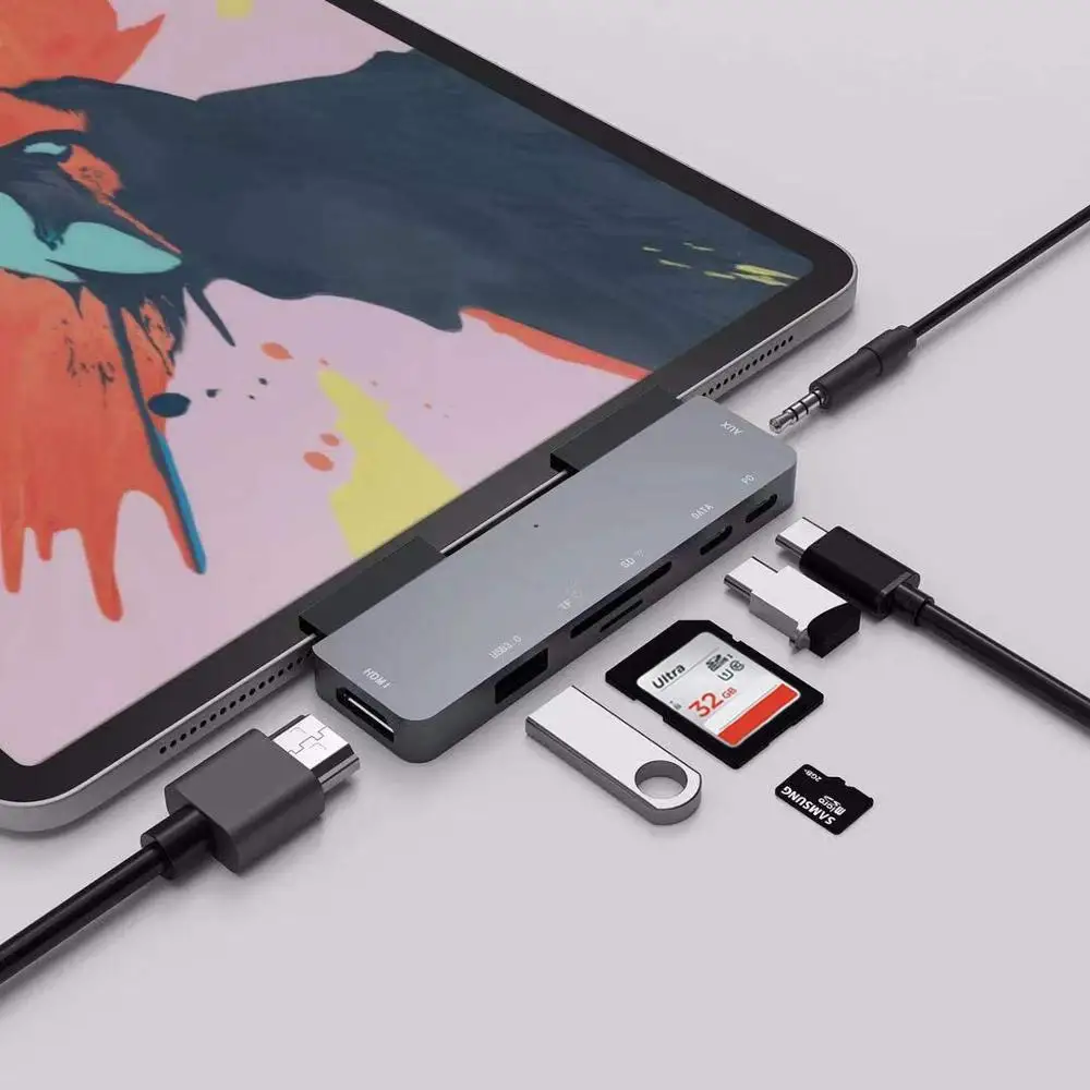 USB C концентратор для iPad pro usb type C к HDMI PD USB 3,0 SD TF кард-ридер 3,5 мм разъем для наушников адаптер для Macbook Pro Air - Цвет: Серый