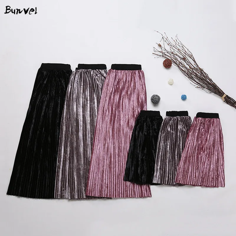 Bunvel/Одежда для мамы и меня; бархатная плиссированная юбка; одежда для маленьких девочек; винтажная юбка с высокой талией; Одинаковая одежда для семьи; Vestidos f