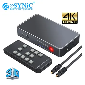 

eSYNiC 3 Port HDMI Switch to HDMI Optical TOSLINK SPDIF 3.5mm Audio Converter with Audio Extractor Support 4K 3D PIP IR Remote