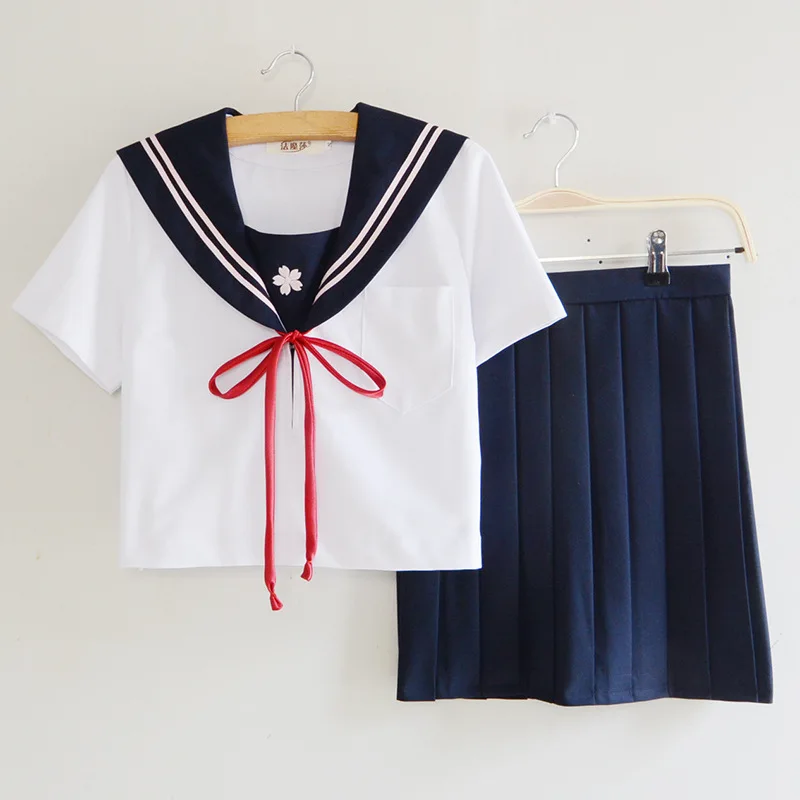 Top Skirt Tie Японская школьная форма для японской средней школы, костюм моряка, комплект с короткими рукавами, топ+ темно-синяя юбка+ розовый галстук, костюм моряка для косплея для девочек, школьная форма - Цвет: Top Skirt Tie