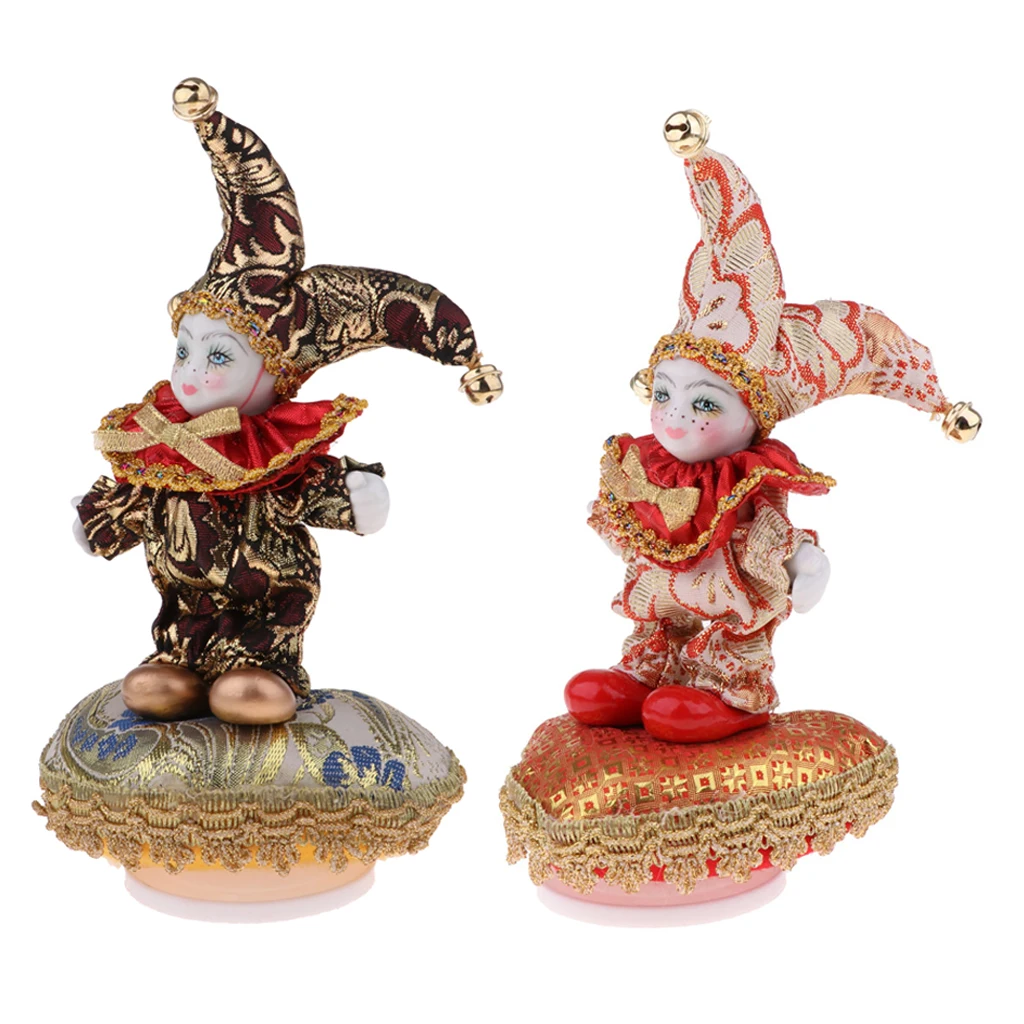 2Pcs 6inch Lovely Porcelain Triangel Doll Clown Model Music Box Home/office Ornaments