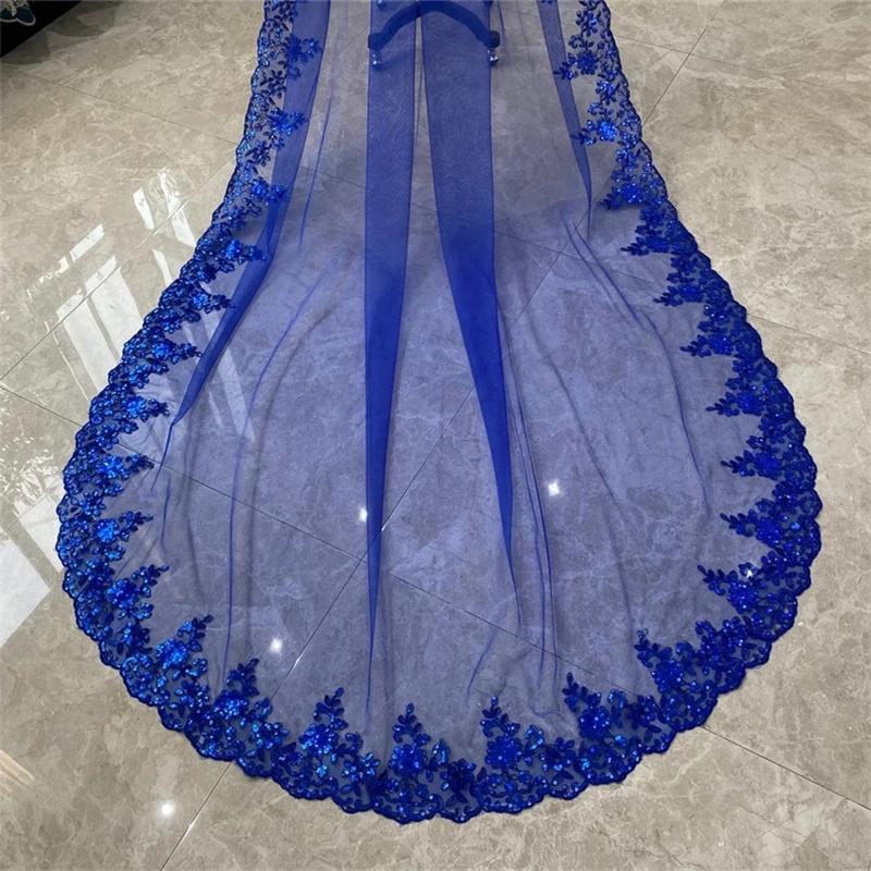 JaneVini Elegant Blue Lace Flowers Wedding Veils with Comb Pearls 3 Meters  Catherdral Long Veil One Layer Bridal Brautschleier - AliExpress