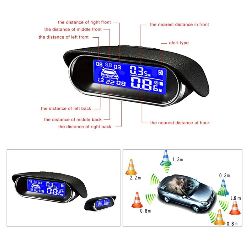 Car LCD Parking Sensor Kit, Dual-Core Front and Rear Reverse R-Adar System LCD Display Kit with 8 Sensors, Which Can Free To Swi