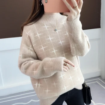 

Autumn Winter Half-Turtleneck Knitted Sweater Women Thicken Warm Pullover Female Loose Casual Jumper