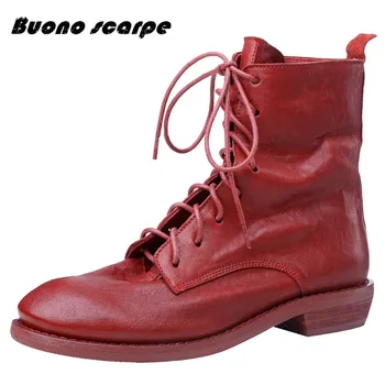 

Buonoscarpe Fashion Trend Lace Up Boots Genuine Leather Solid Med Heels Round Toe Punk Fashion Autumn Winter Women Ankle Boots