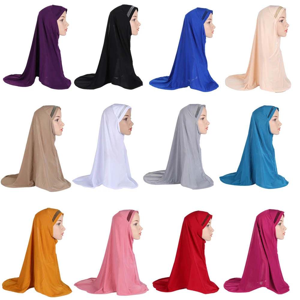 Children One Piece Plain Cotton Hijab Khimar Pull Over Muslim Pray Scarf Burka 
