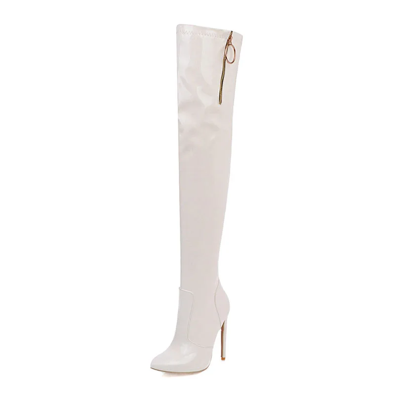 Taoffen размер 30-48, высокое качество из искусственной кожи на высоком каблуке; высокие зимние сапоги Острый носок на молнии модные, пикантные офисные Сапоги выше колен(ботфорты - Цвет: Белый