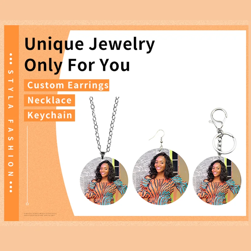 SOMESOOR Customized Necklace Keyholder Earrings Set Stainless Steel Chains Personalized Print Wood Pendant Women Dangle Jewelry