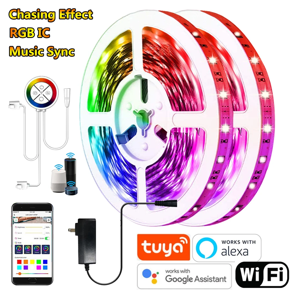 Wifi Connected Revolving Chasing RGBIC LED Strip Light Music Sync Strip Work With Tuya Alexa Google App 5050 5M 10M Full Set