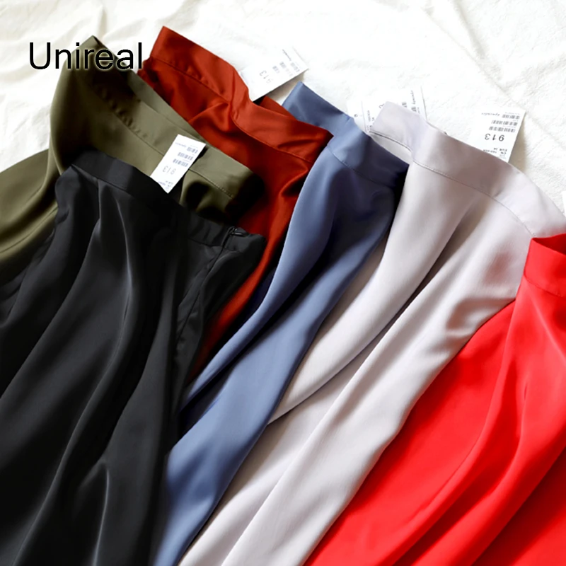 

Unireal 2022 Summer Vintage Women Satin Skirt Office Lady High Waist Loose Female Long Skirt