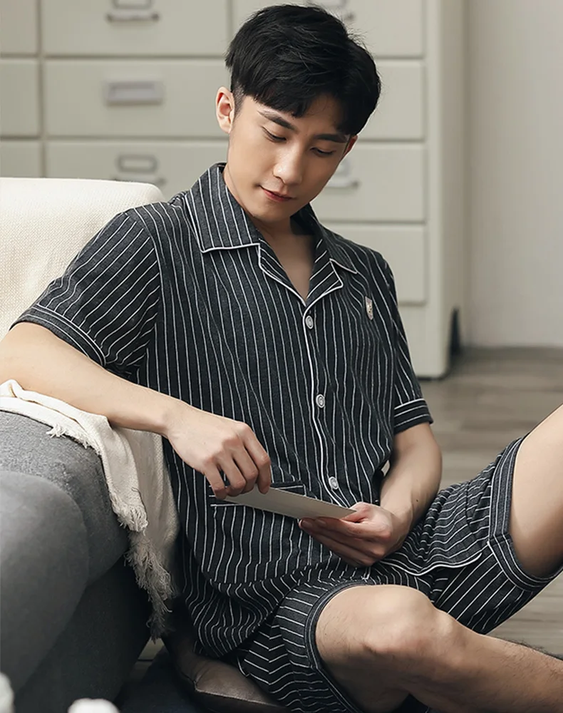 2021 Summer Pajamas Sets for Men 100% Cotton Pyjamas Striped Gray Sleepwear Pijama Hombre Short Sleeves&Pants Pajamas for Men