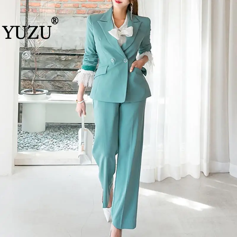 Work Pant Suits OL 2 Piece Sets Double Breasted Mint Green Blazer Jacket Oversized Trousers Suit For Women Set Feminino Work Pant Suits OL 2 Piece Sets Double Breasted Mint Green Blazer Jacket Oversized Trousers Suit For Women Set Feminino