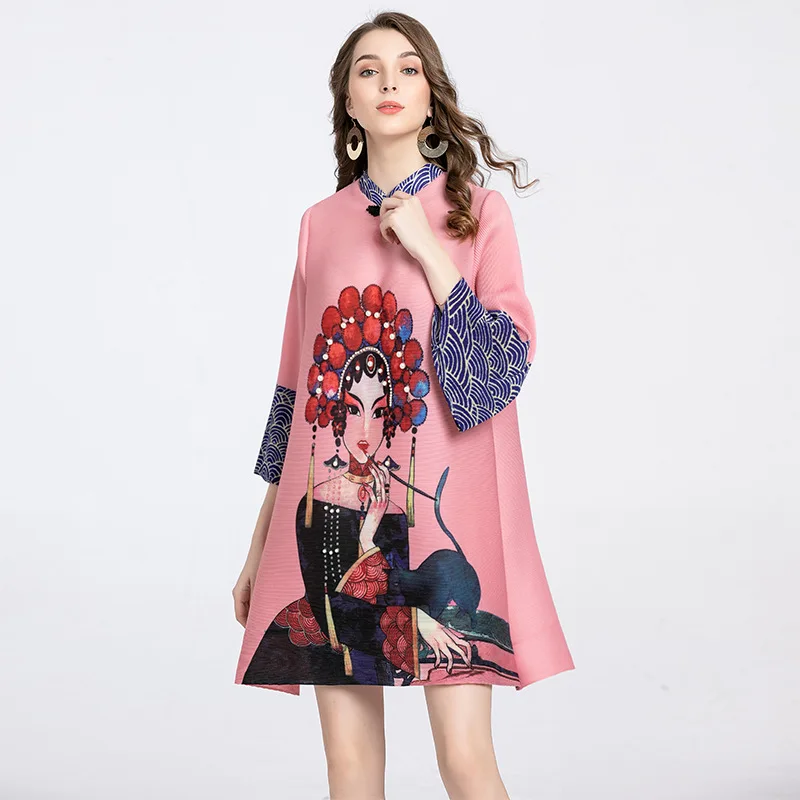 CNY Retro Beijing Opera Dress High Quality 3D Printing Fashion Short Dresses Loose Women Chic Buckle Pleated Party Dresses