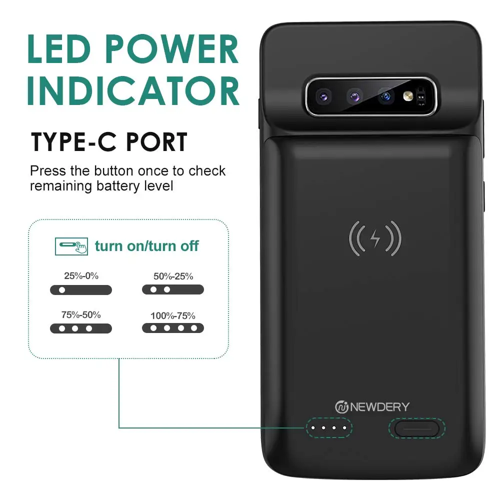 NEWDERY 10000mAh 배터리 케이스 삼성 note 9 S20 Plus Qi 무선 보조베터리 케이스 삼성 Galaxy S10 plus S20 + black