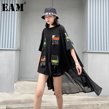 

[EAM] Women Black Printed Pocket Chiffon Big Size Blouse New Half Sleeve Loose Fit Shirt Fashion Spring Summer 2020 1T574