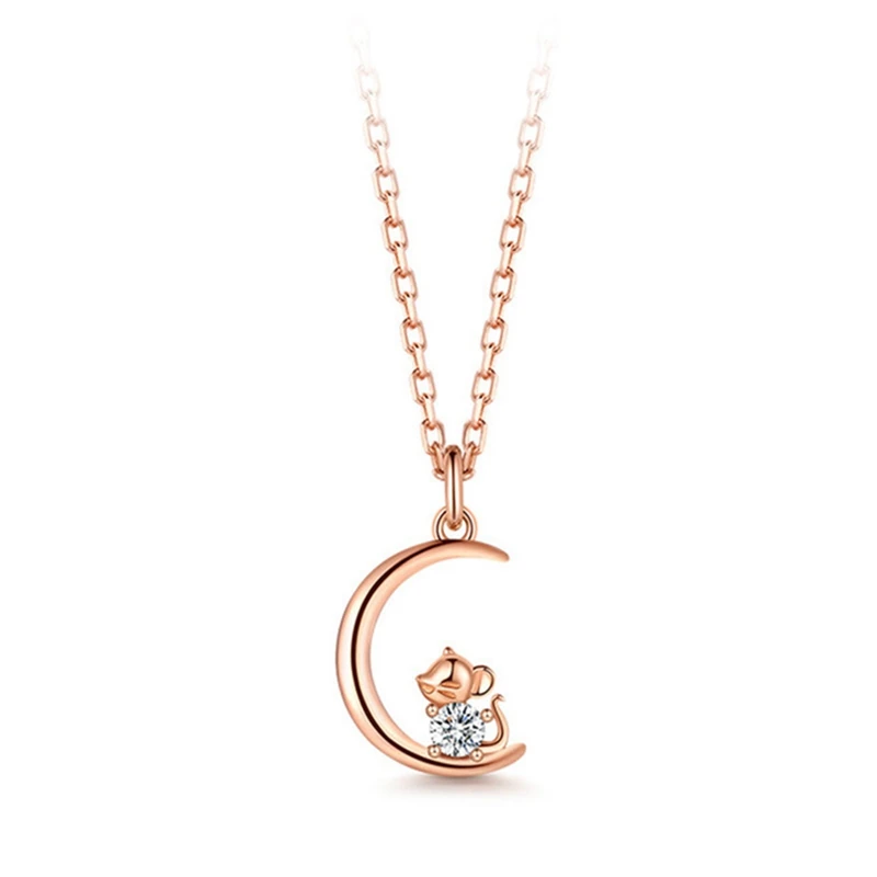 Zircon Pendant Necklace For Women Girl Child Birthday Gift Moon Cute Mouse Rose Gold Gem Jewelry