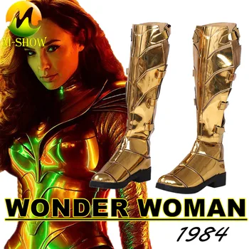

Halloween Fancy Boots Superhero Wonder Woman Cosplay shoes Diana Gal Gadot Gold PU Leather Boots for Adult Women Custom Made