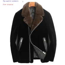 Натуральное меховое пальто, натуральный норковый меховой воротник, зимняя куртка для мужчин, короткая стрижка овец, пуховик, пальто из шерсти альпаки LBL-DAF98001, KJ1377