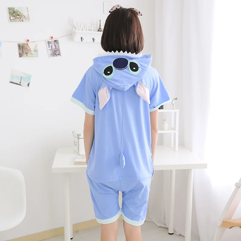 Anime-pajamas-blue-Stitch-men-women-adult-short-sleeve-cotton-pajamas-cartoon-animal-summer-unisex-cosplay