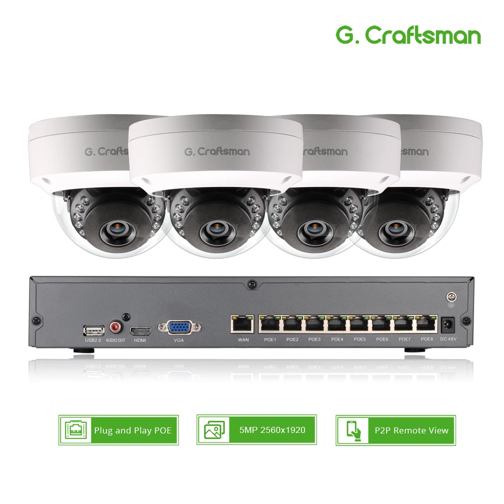 US $239.99 Smart 4ch 5MP POE IP Camera System Kit Dome H265 Security 8ch POE NVR Indoor Violenceproof CCTV Alarm Video P2P GCraftsman