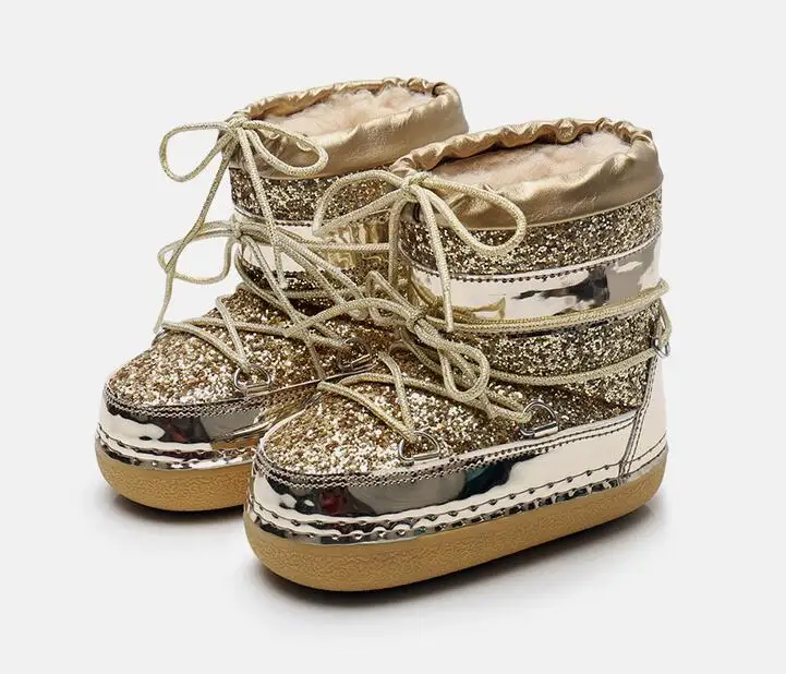 De niños de cuero genuino botas de nieve de invierno de 2019 niñas de lentejuelas zapatos de algodón chico Barco de bebé de terciopelo de algodón cálido botas - 2