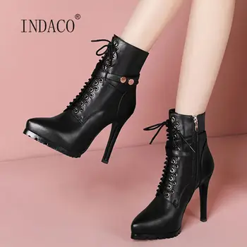 

Fashion Women Boots Leather Autumn Shoes Platform Super High Heels Ankle Boots For Women Pointed Toe Cross Striped 11CM