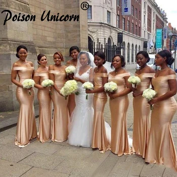 

African Off The Shoulder Beach Mermaid Bridesmaids Dresses 2020 Floor Length Sleeveless Sexy Black Girl Wedding Guest Gowns