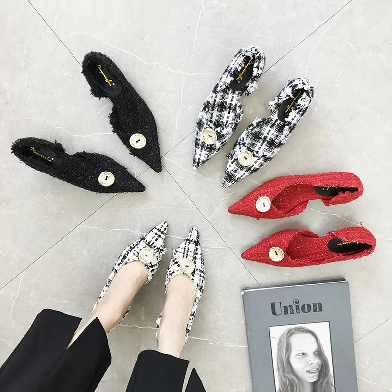 

2018 Summer WOMEN'S Shoes Online Celebrity Woolen Cloth Pointed-Toe Button Pumps Plaid Mixed Colors Low Heel Semi-high Heeled WO