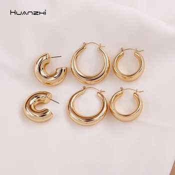 HUANZHI 2020 New Minimalist Gold Metal Large Circle Geometric Round C shape Hoop Earrings for Women Girls Jewelry GIfts