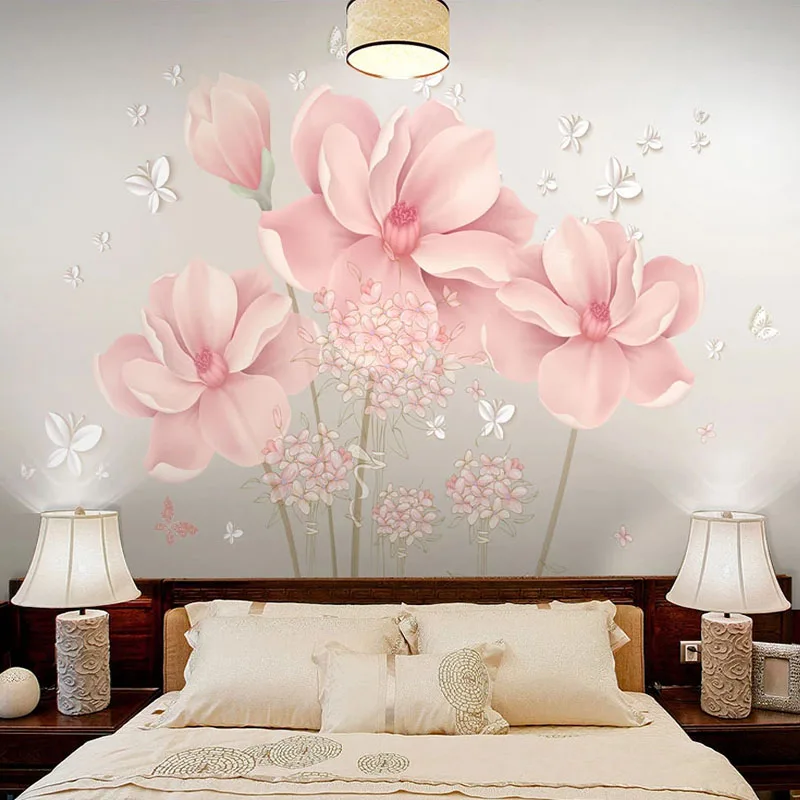 

Modern Pink Flowers Butterfly Photo Wallpaper 3D Romantic Home Decor Living Room TV Sofa Bedroom Fresco 3D Waterproof Stickers