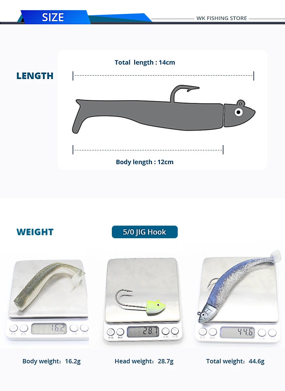 WK мягкий черный гольян с 28 г 5/0 джиг головкой и 2 шт. 12 см виниловые мягкие приманки для лодки Рыболовные качели весло хвост рыболовные приманки комплект