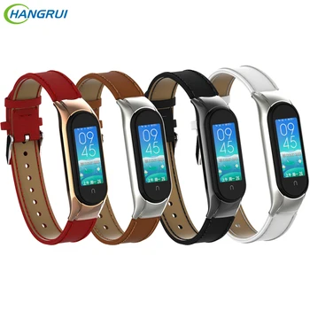 

Hangrui Mi Band 5 Leather Strap For Xiaomi Mi Band 5 Wrist Straps With Metal Case Black white Sport Mi5 Men women Bracelet