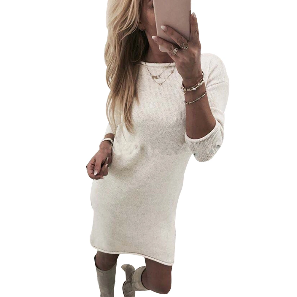

Irregular Hem Long Sleeve Casual Sweater Dress Knitted Slim Fit Autumn Solid Pullovers Crew Neck