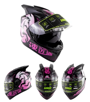 

capacetes para moto Motorcycle Helmet Double Lens Highway Riding Full-face streamline Helmets Soman SM960+horns