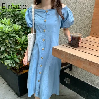 

Elnage Korean Sweet A Word Shoulder Puff Short Sleeve Denim Dress Summer A-Line Slim Fit Spring Vestido Long with Button 5A534