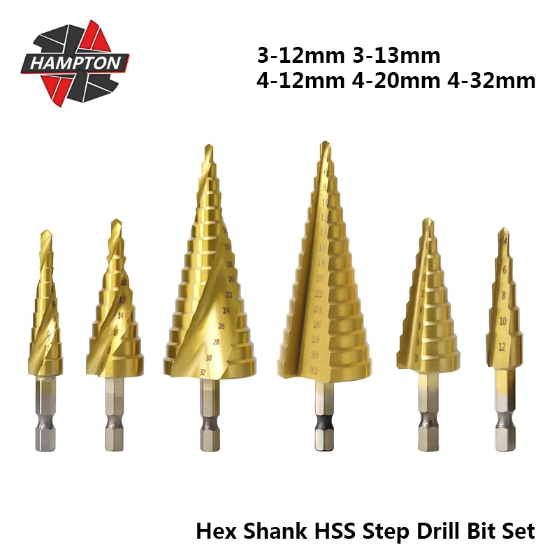 

Hampton HSS Metric Step Drill Bit Set 3-12/13 4-12/20/32mm Titanium Coated Core Drill Bit Hex Shank Hole Cutter Pagoda Drill