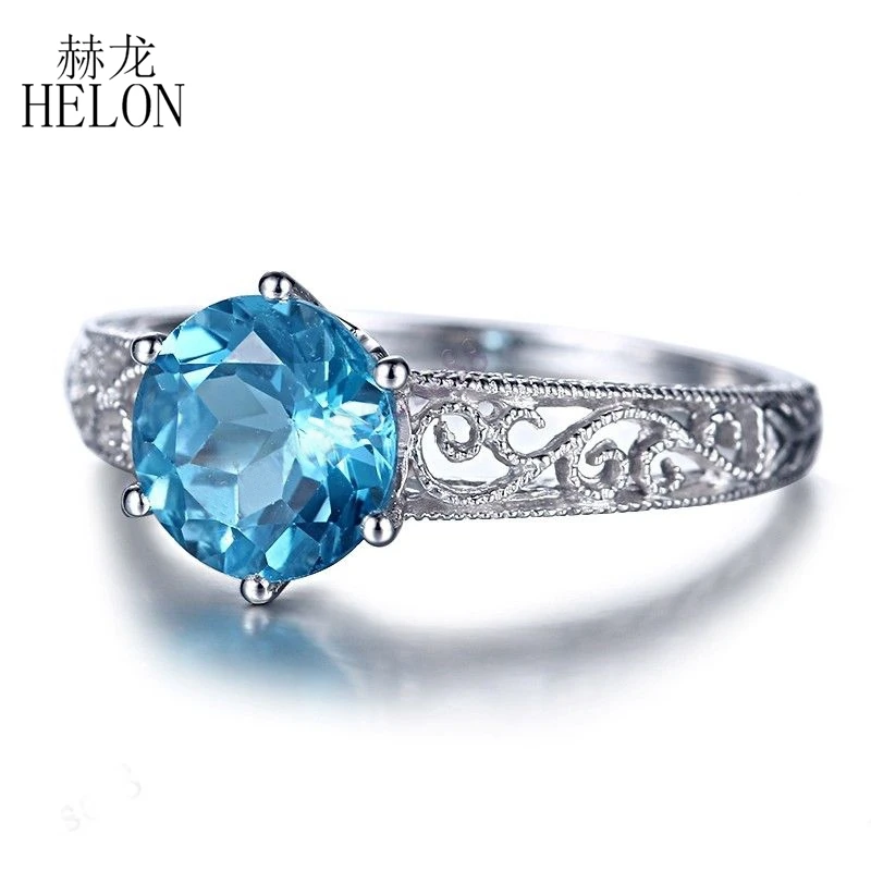 HELON Solid 14 к белое золото Сертифицированный круглый 1.6ct натуральный голубой топаз Арт Деко винтажное Филигранное ювелирное изделие обручальное кольцо
