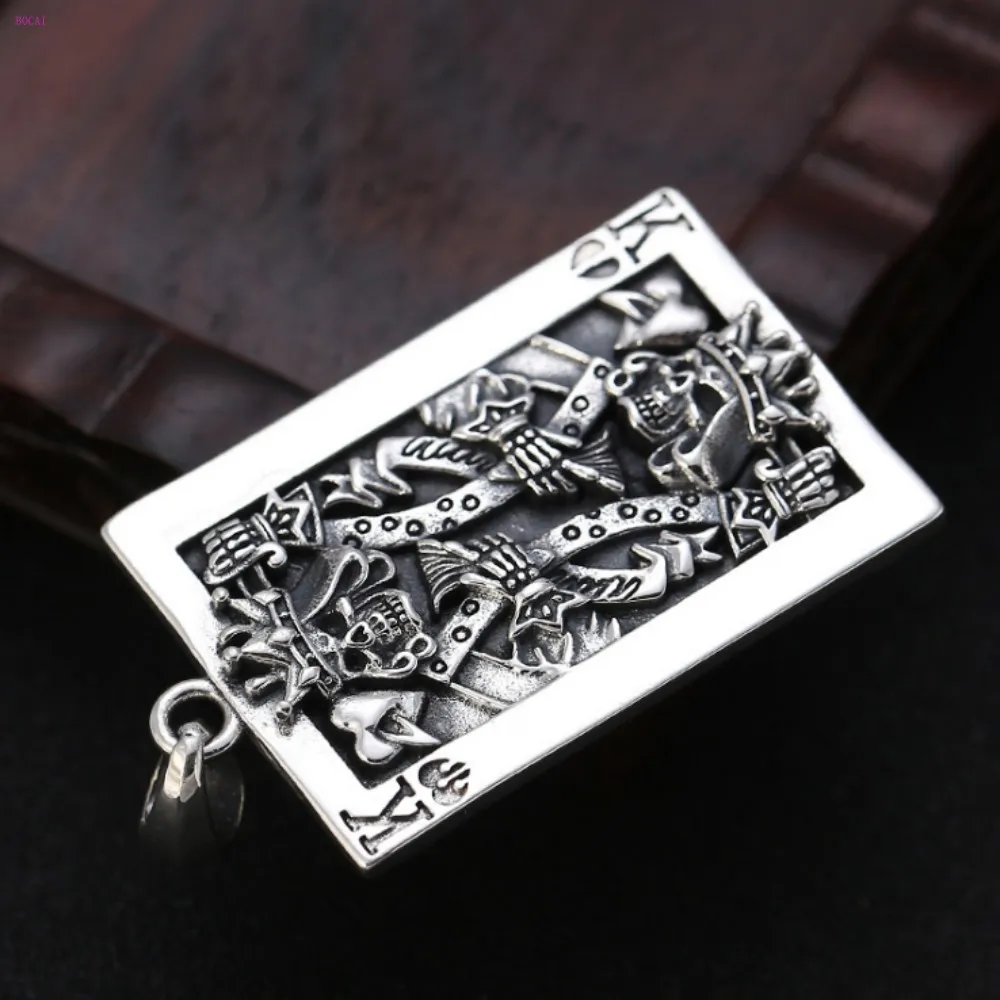 BOCAI Trendy s925 Sterling Silver Pendants Creative Personality Poker K Tag Hip Hop Skull Pure Argentum Jewelry for Men Women