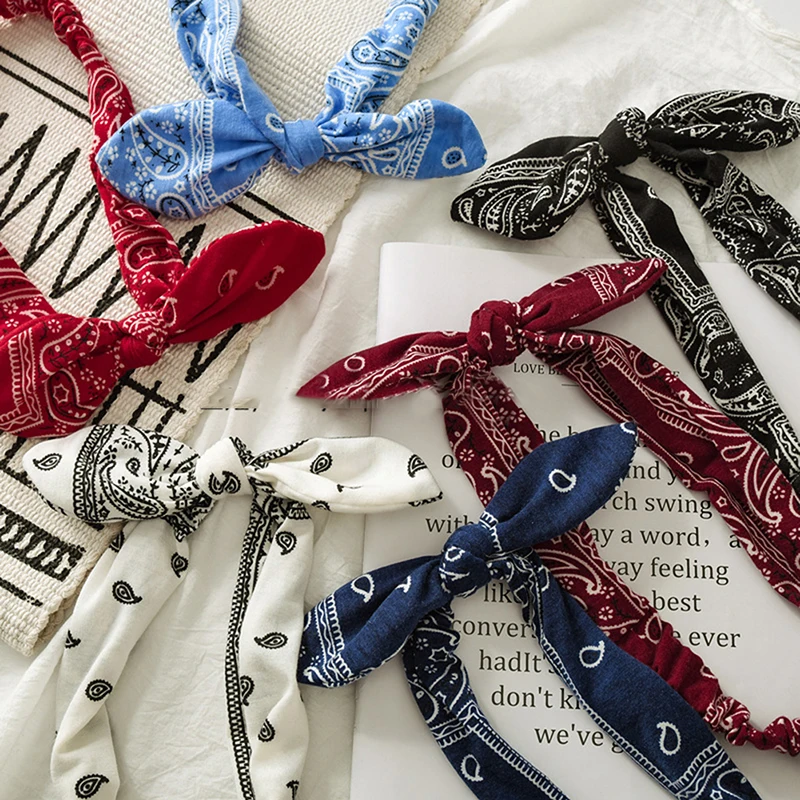 

Retro Print Headband Rabbit Ears Knotted Elastic Hairband Cross Turban Headwrap Multicolor Sweet Women Girls Hair Accessories