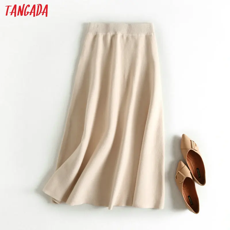 Tangada, Женские однотонные вязаные длинные юбки, вязаные, тянущиеся, высокая талия, корейский стиль, элегантные, женские, черные, трапециевидные юбки, BC24