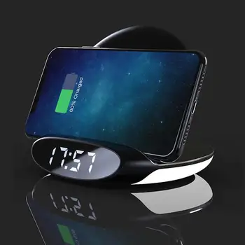 

Multifunctional 10W Fast Wireless Charging With Bedside Lamp Alarm Clock Vertical Wireless Charging ABS Acrylic Silicone Pad