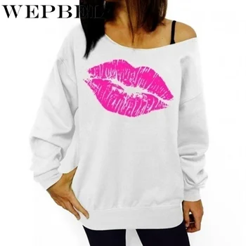 

WEPBEL Women Sweater New Fashion Spring Summer Casual Lips Print One Shoulder Hoodie Sweatshirt