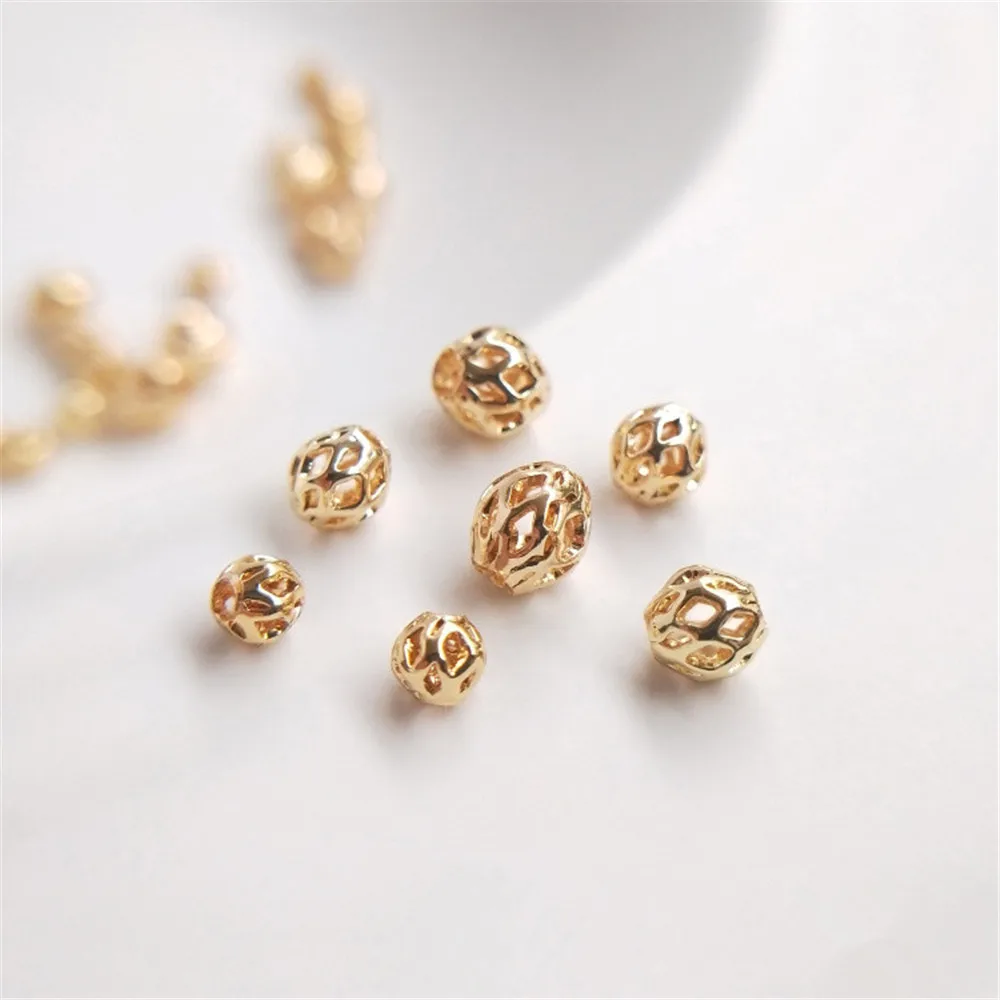 14K Gold Bead loose bead hollow bead net separated bead round bead DIY handmade bracelet first jewelry accessories