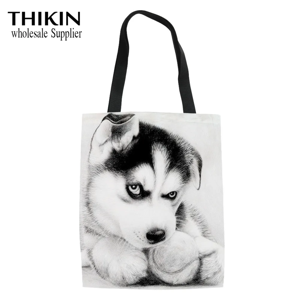 THIKIN, женские сумки через плечо, Kawaii, 3D Рисунок хаски, большие льняные сумки с верхней ручкой для девушек, для покупок, повседневные, тоут, женские сумки